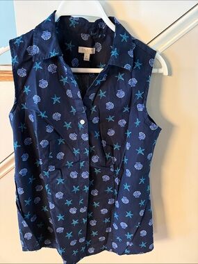 Talbots Navy Blue Shell & Starfish Print Blouse
